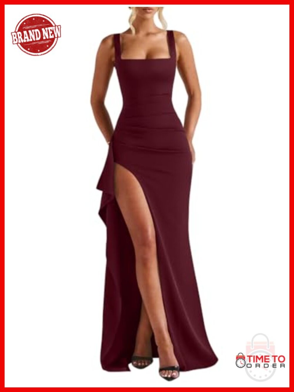 LAGSHIAN Women Square Neck Sleeveless Bodycon High Split Long Dress